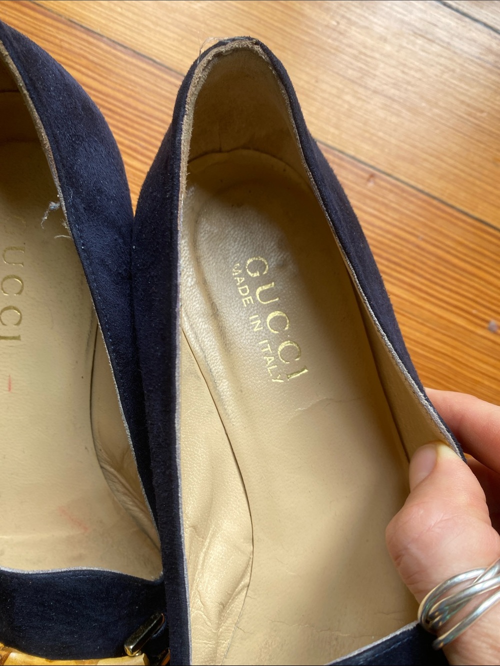 Y2K vintage Gucci Navy Suede Loafers with Bamboo Bit - Picture 3 of 7